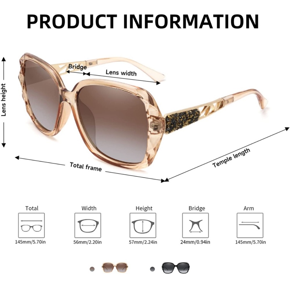 Black & Gold Oversized Square Sunglasses Polarized Tinted w Crystal Frames NWT - Picture 14 of 15